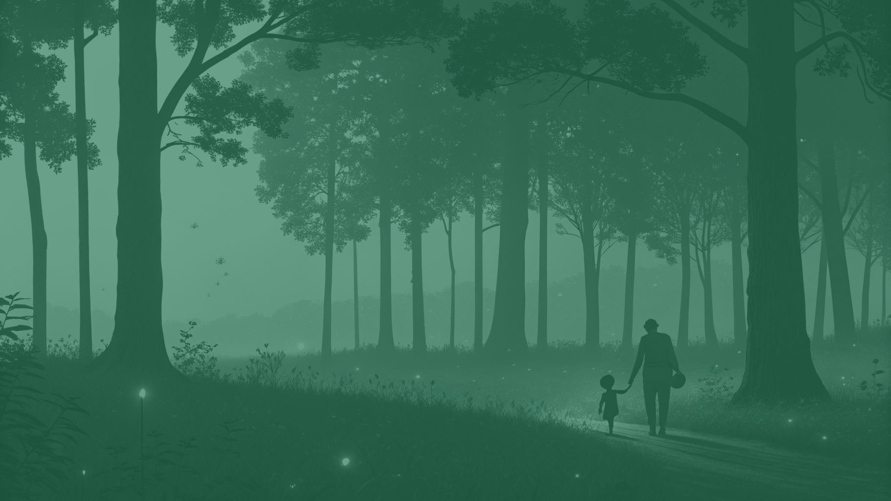parent and child walking through the forest