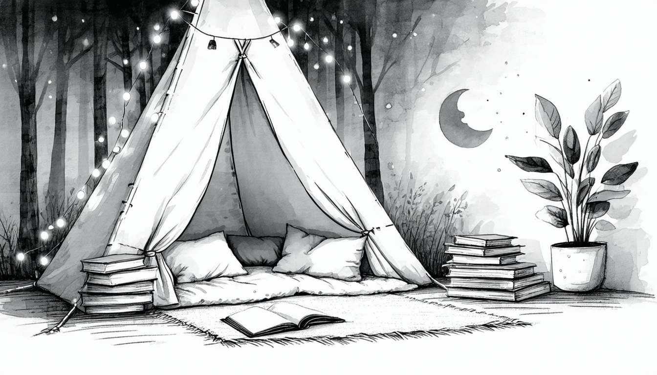 cozy reading nook made with a teepee and pillows surrounded by forest