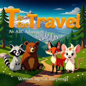 Four animals stand atop a hill with a city below.
