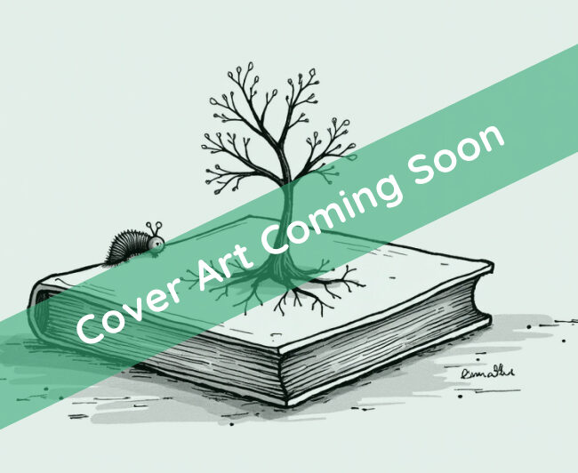 A little caterpillar crawls up the side of a book with a tree growing from the cover