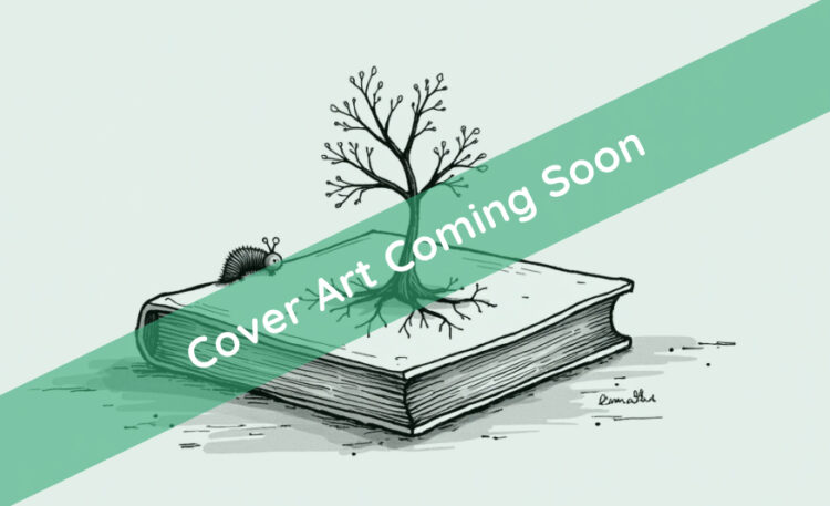 A little caterpillar crawls up the side of a book with a tree growing from the cover